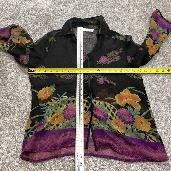 Chadwicks Blouse Button Up Top womens Medium Black Purple Sheer Tropical Floral - Picture 9 of 11